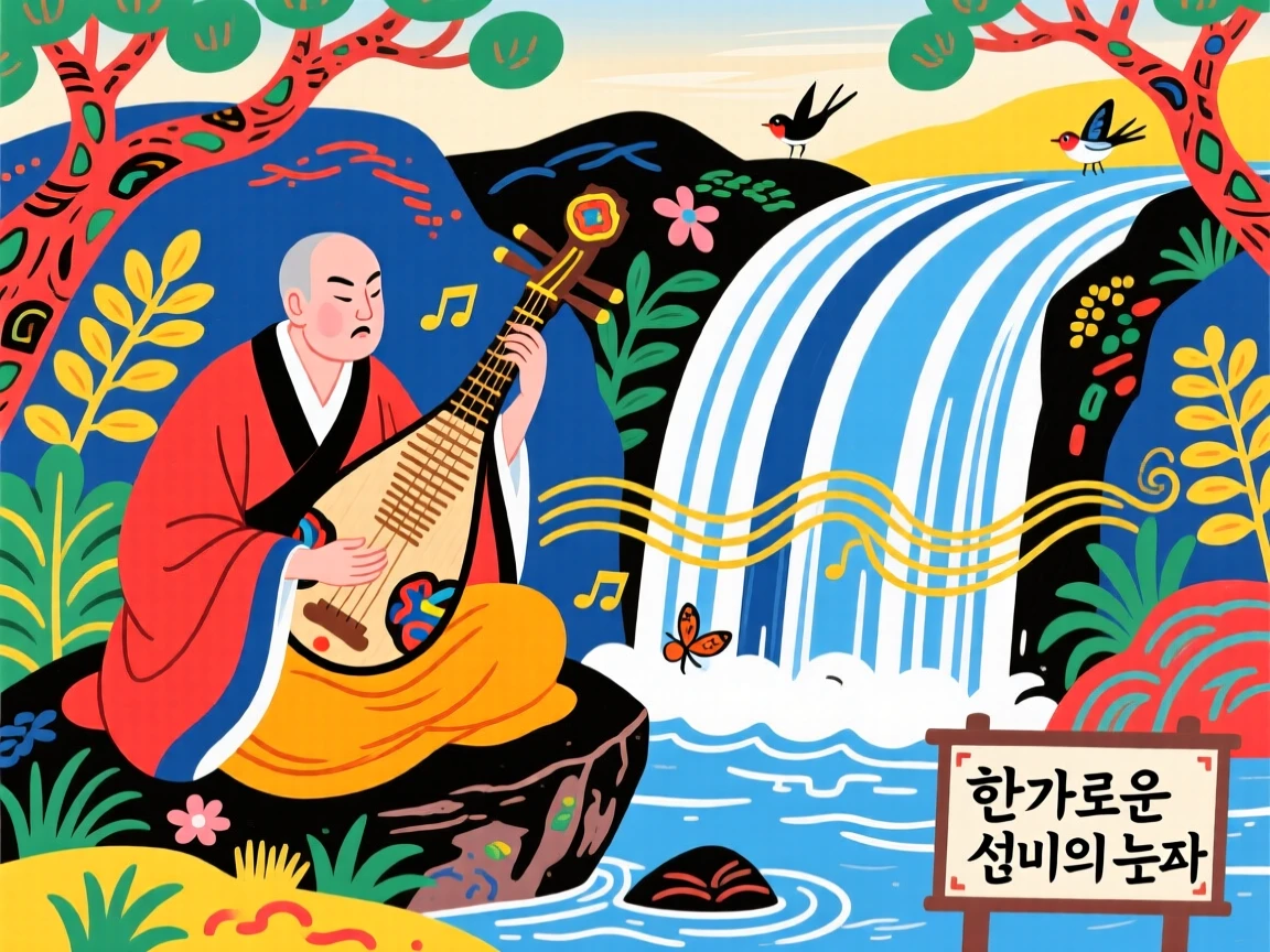 A traveling monk playing a haunting melody on an ancient string instrument beside a waterfall, during a light