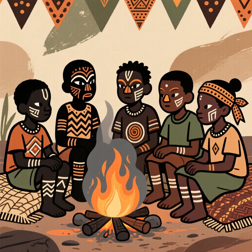A group of schoolchildren sitting quietly beside a cooking fire.