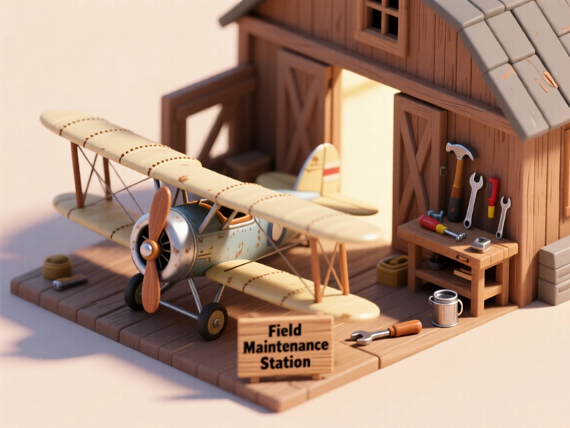 A vintage biplane crop duster parked in a barn, sunlight streaming through the open doors, tools scattered on a workbench nearby.