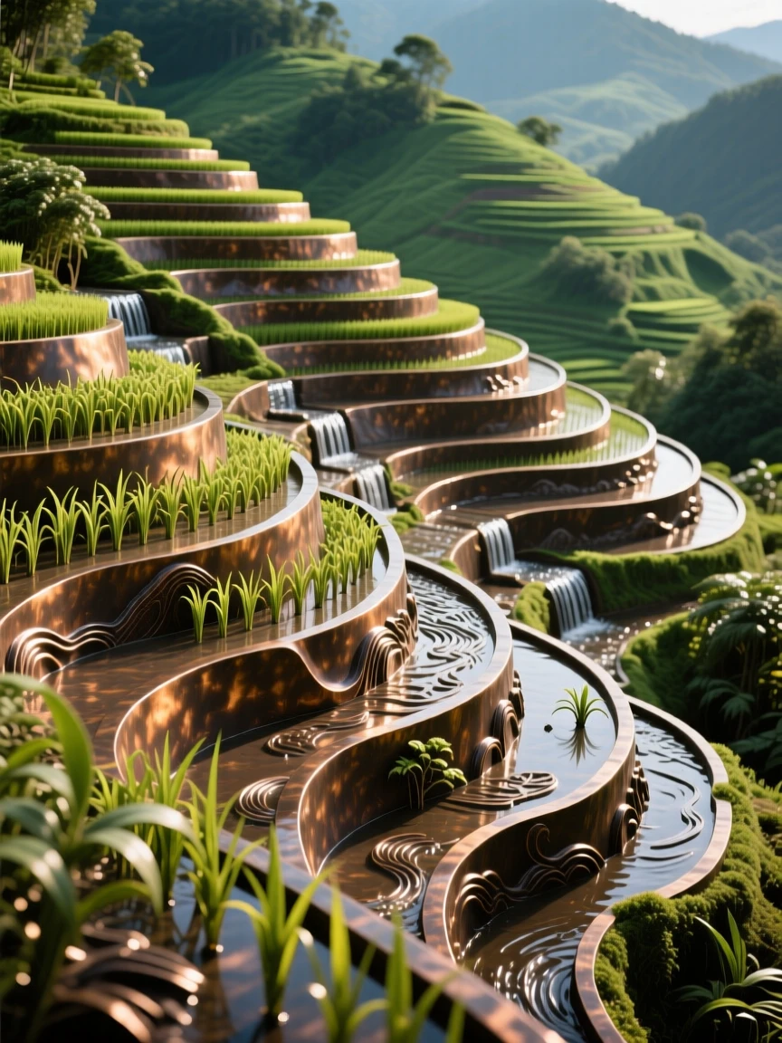 A tranquil rice terrace cascading down a green hillside, with dramatic natural lighting and rich color, offering a breathtaking sense of place