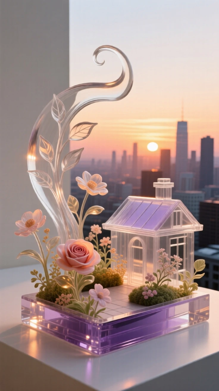 Beneath a sky streaked with the colors of sunset, a rooftop garden overlooking a sprawling city skyline, while the sound of distant bells drifts across the square