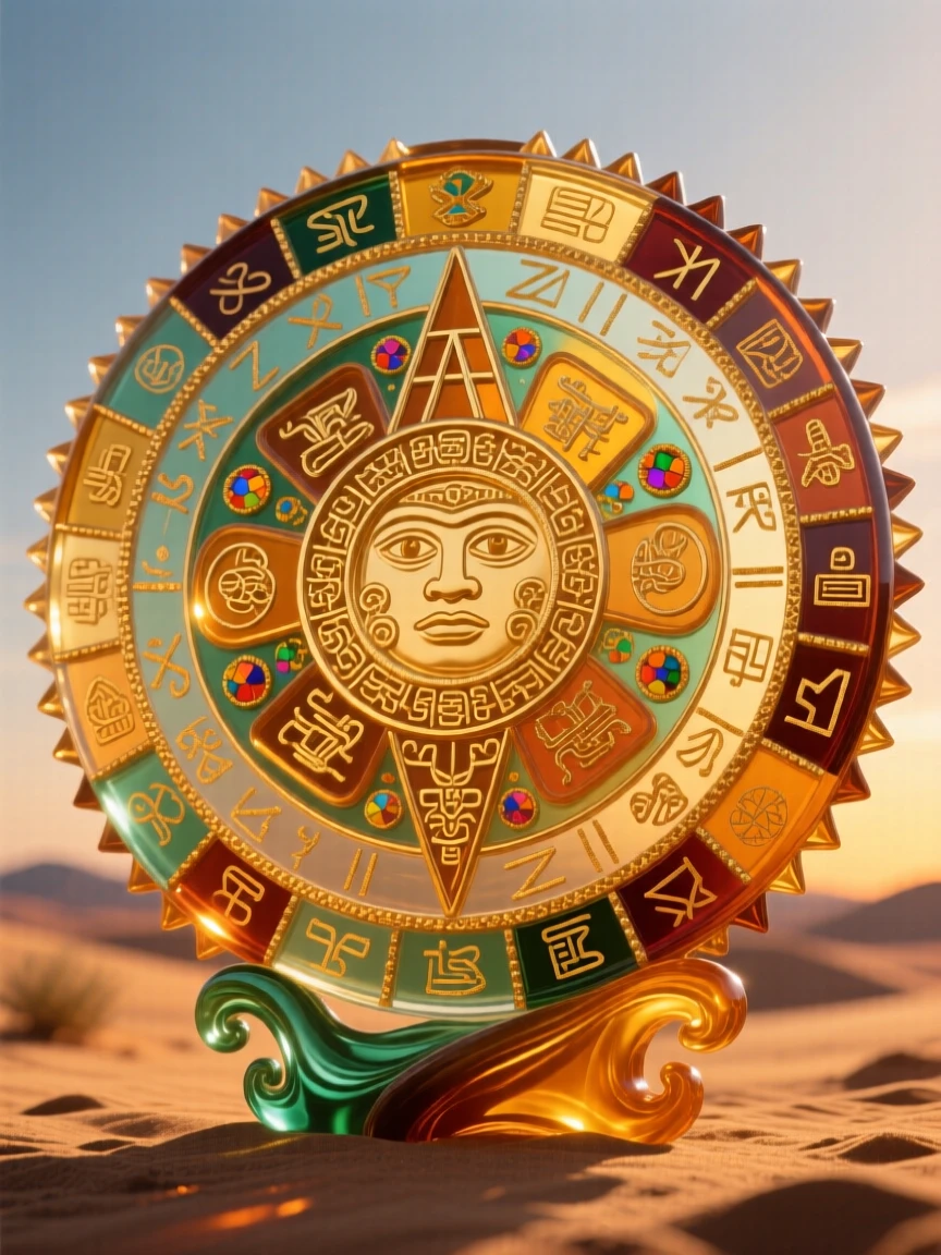 A traditional Mexican Aztec calendar stone bathed in golden desert light, ancient and symbolic.