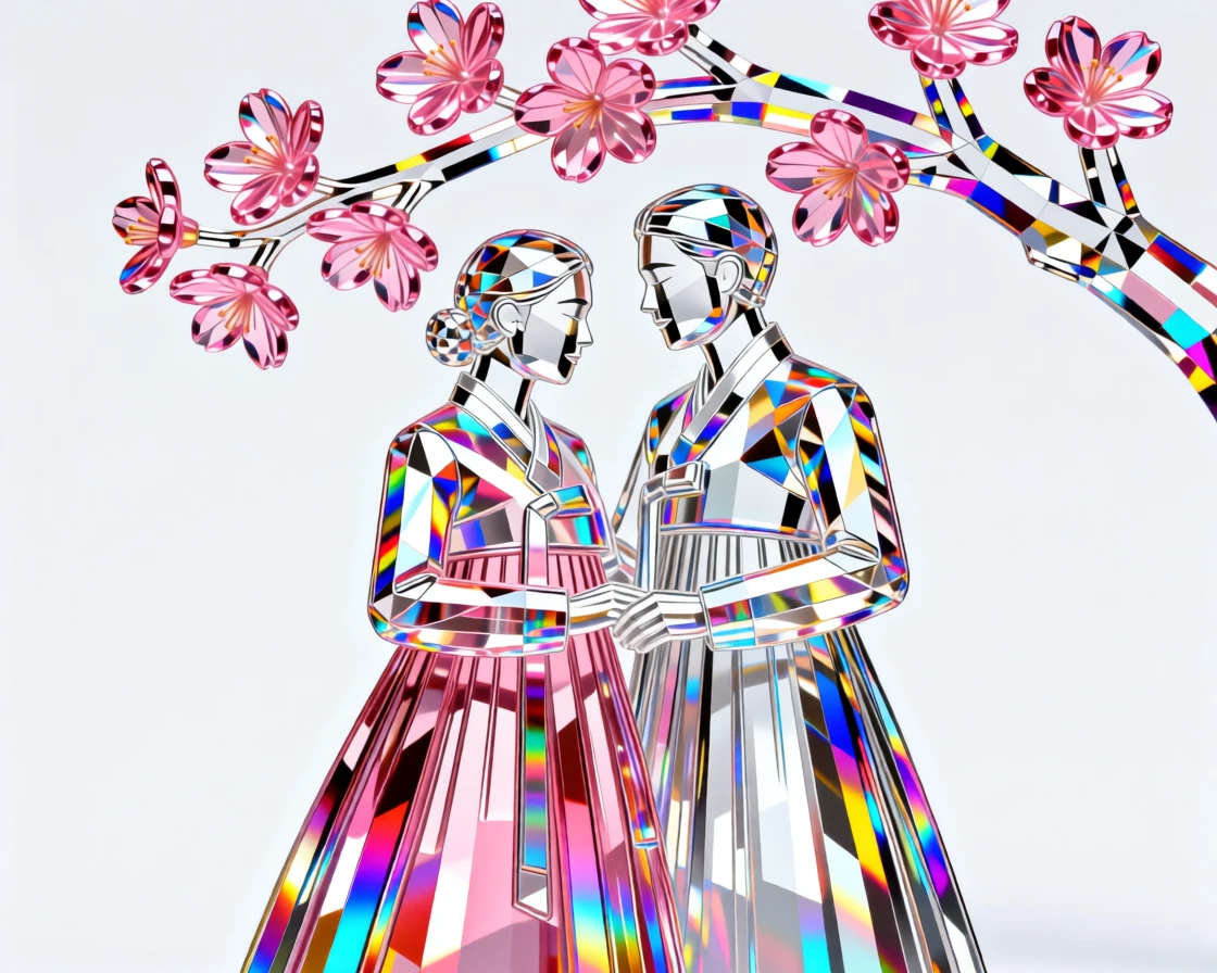 A traditional Korean hanbok-clad couple posing gracefully beneath cherry blossoms.