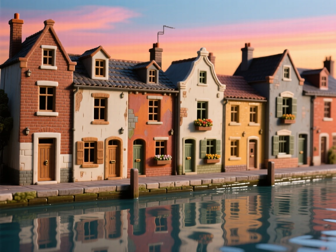 A row of colorful canal-side houses reflected in the still waters below, its silhouette sharp against a colorful sky, evoking timeless wonder and quiet grandeur.