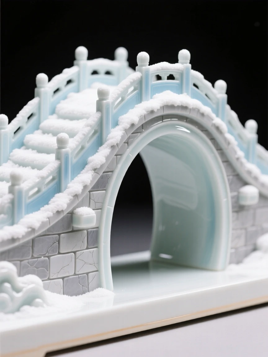 A grand view of an ancient stone bridge, dusted lightly with snow.