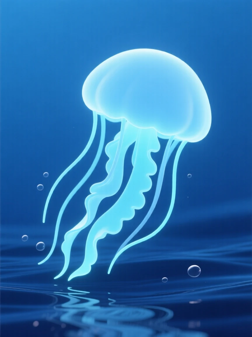 A graceful jellyfish pulses slowly through deep blue water, trailing long glowing tentacles like ribbons.