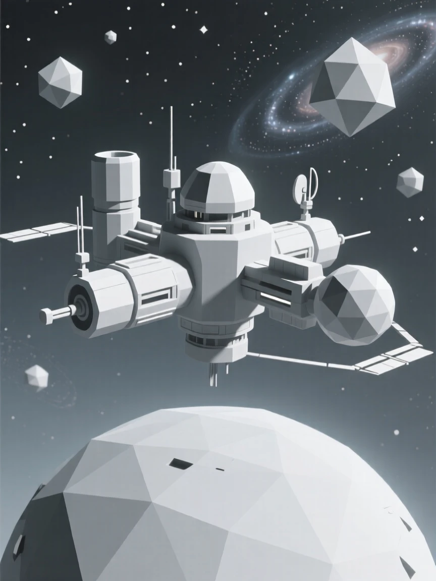 A futuristic space station orbiting a distant world, beneath the soft glow of distant galaxies. the composition uses a wide, immersive perspective. A gentle, surreal beauty fills the composition.