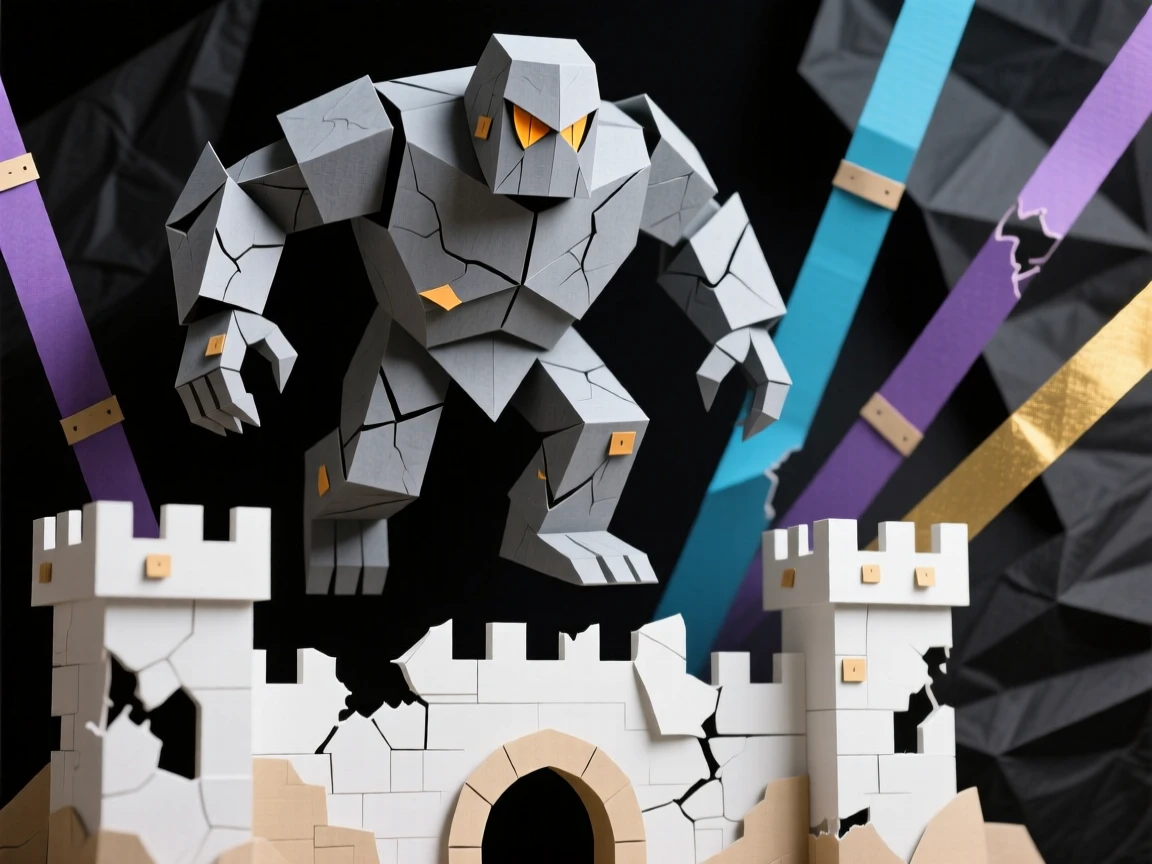 A towering stone golem soaring above a crumbling ancient castle, with shafts of colored light piercing the darkness, evoking ancient power and mystery.