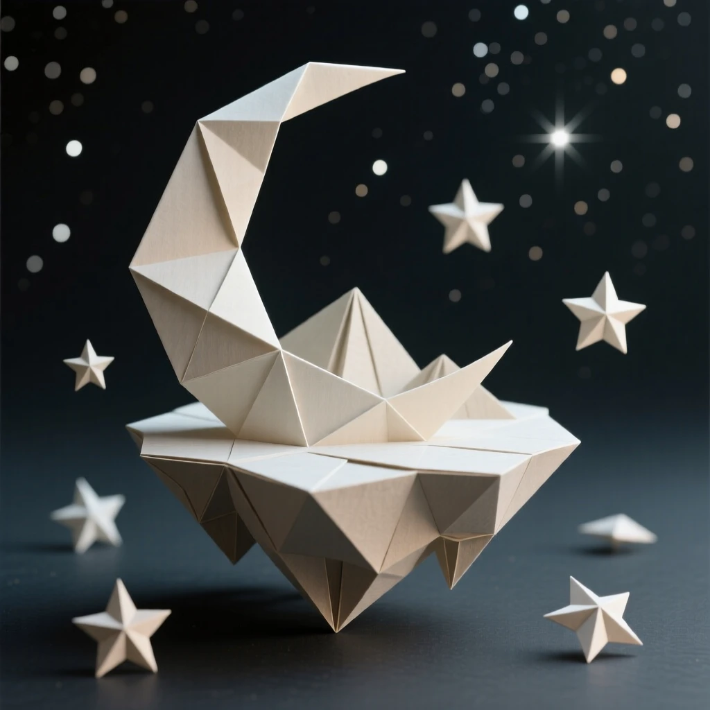 A floating island shaped like a crescent moon drifting through a starlit sky.