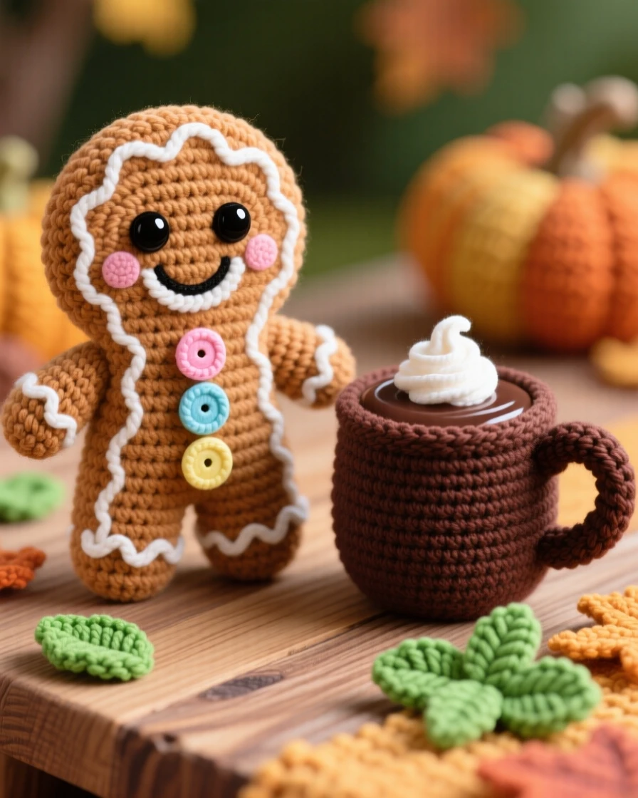 a happy gingerbread cookie, with icing buttons and a candy smile, is shown standing beside a mug of warm cocoa on a warm autumn harvest table beside a scattering of fresh mint leaves, capturing bright, appetizing cheerfulness.