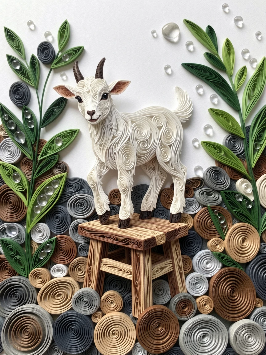 a baby goat balancing on a small wooden stool, on a riverbank dotted with smooth round stones, arranged with the subject slightly off-center for balance, with soft dewdrops glistening on nearby leaves.