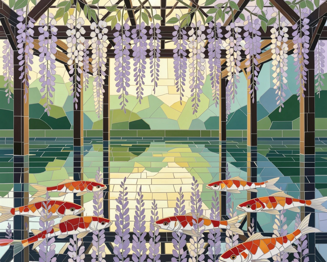 A japanese wisteria garden reflected in a still koi pond, with soft morning light and a gentle blur of background greenery.