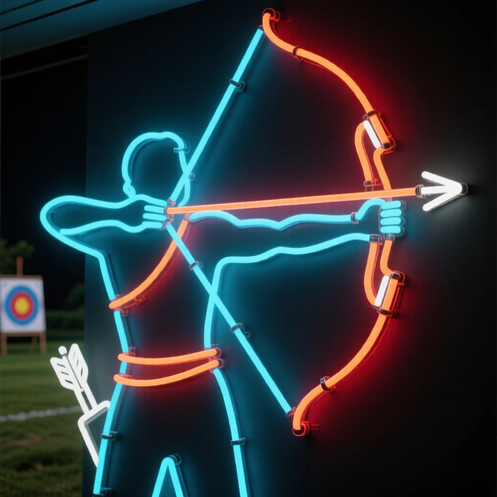 A archer drawing a bow at an outdoor competition range.