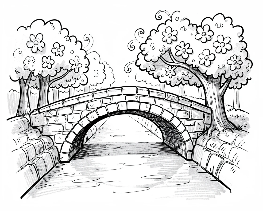 A stone bridge over a quiet canal beside a row of flowering trees.