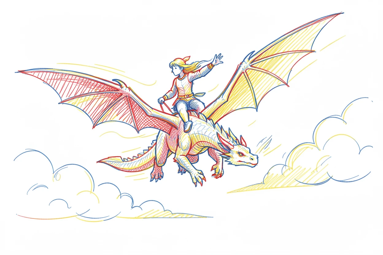 A dragon rider soaring above the clouds at sunrise, wind whipping past