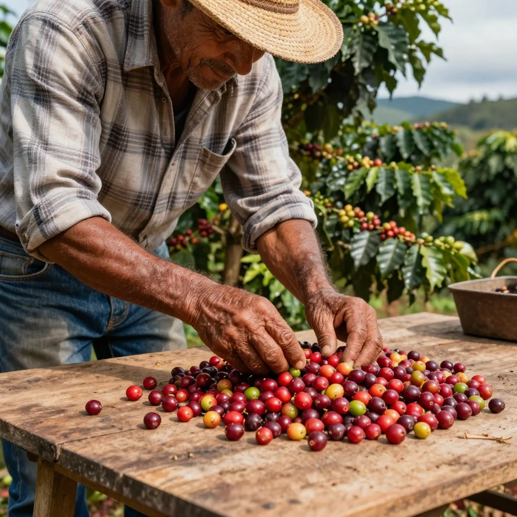 A coffee farmer sorting freshly picked cherries