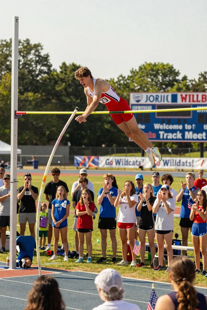 A pole vaulter clears the bar with inches to spare, crowd gasping below.