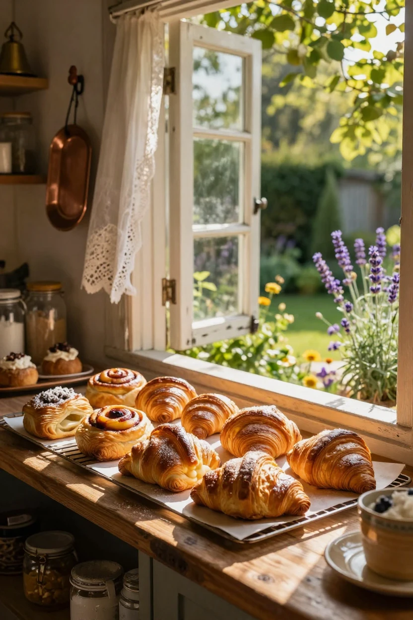 A row of fresh pastries cooling in a small bakery window beside an open window overlooking the garden