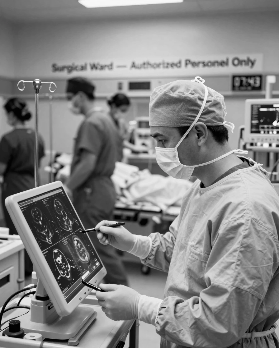 A surgeon reviews scans before a delicate operation in a busy hospital ward.