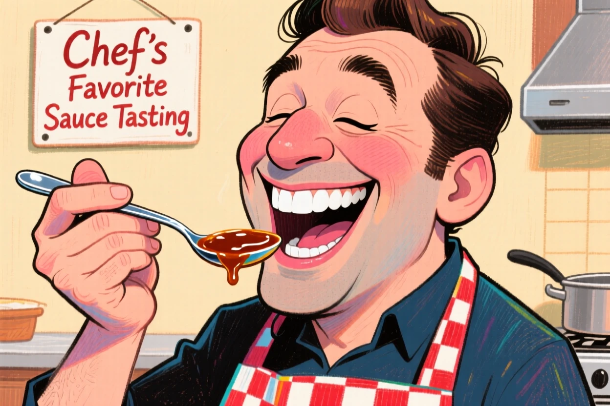 A cooking show host tasting a sauce with a spoon, eyes closed savoring the flavor.