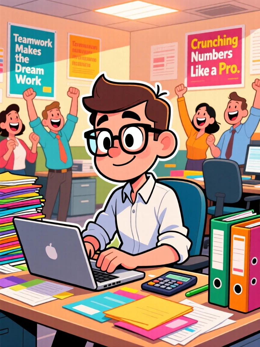 A vibrant profession-themed portrait of a diligent accountant hard at work with total focus and a hint of a smile, with coworkers cheering in the background.