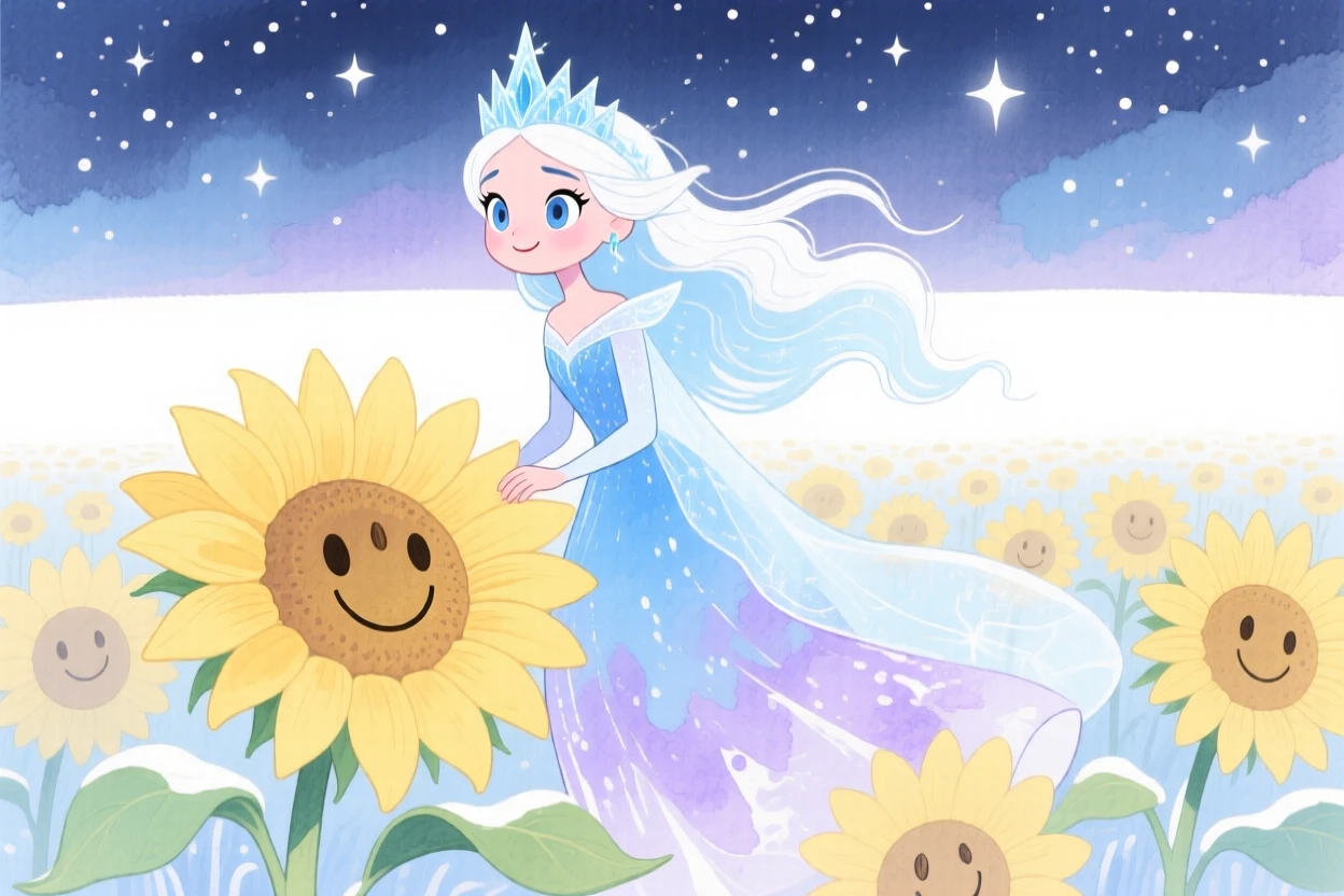A snow queen riding through a field of giant sunflowers under starlight