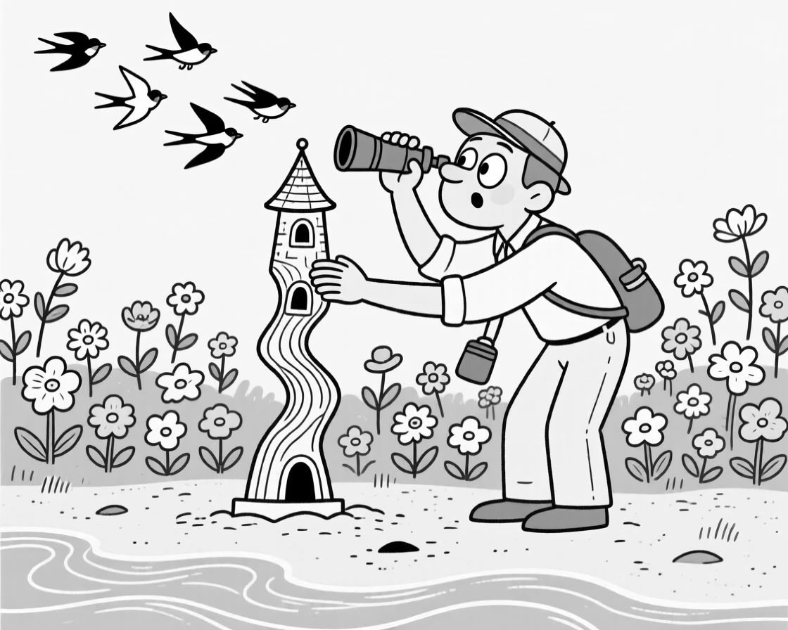 A birdwatcher startled by a sudden flock taking flight, patting the final crooked tower proudly into place, set in a garden bursting with blooming flowers. Seafoam traces delicate patterns in the sand. The scene celebrates nature's simple, joyful surprises.