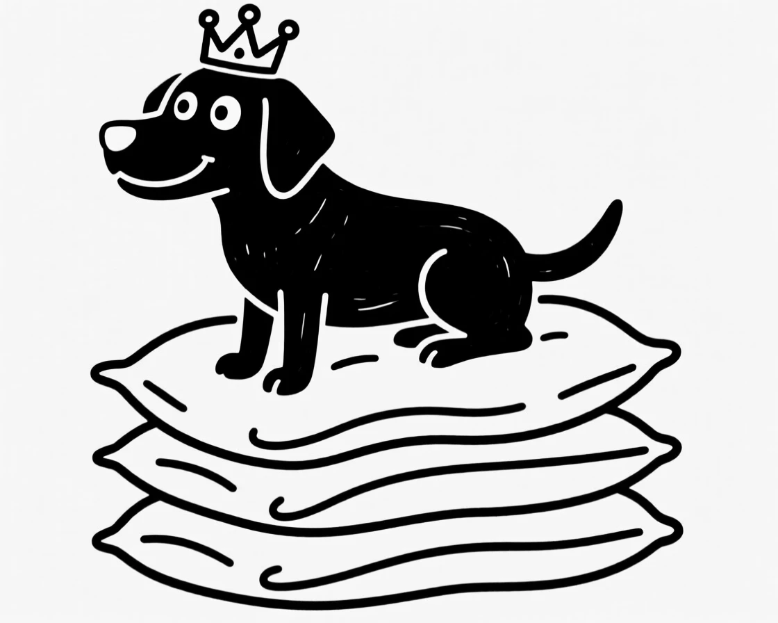 A black lab perched proudly on a stack of pillows like a tiny king.