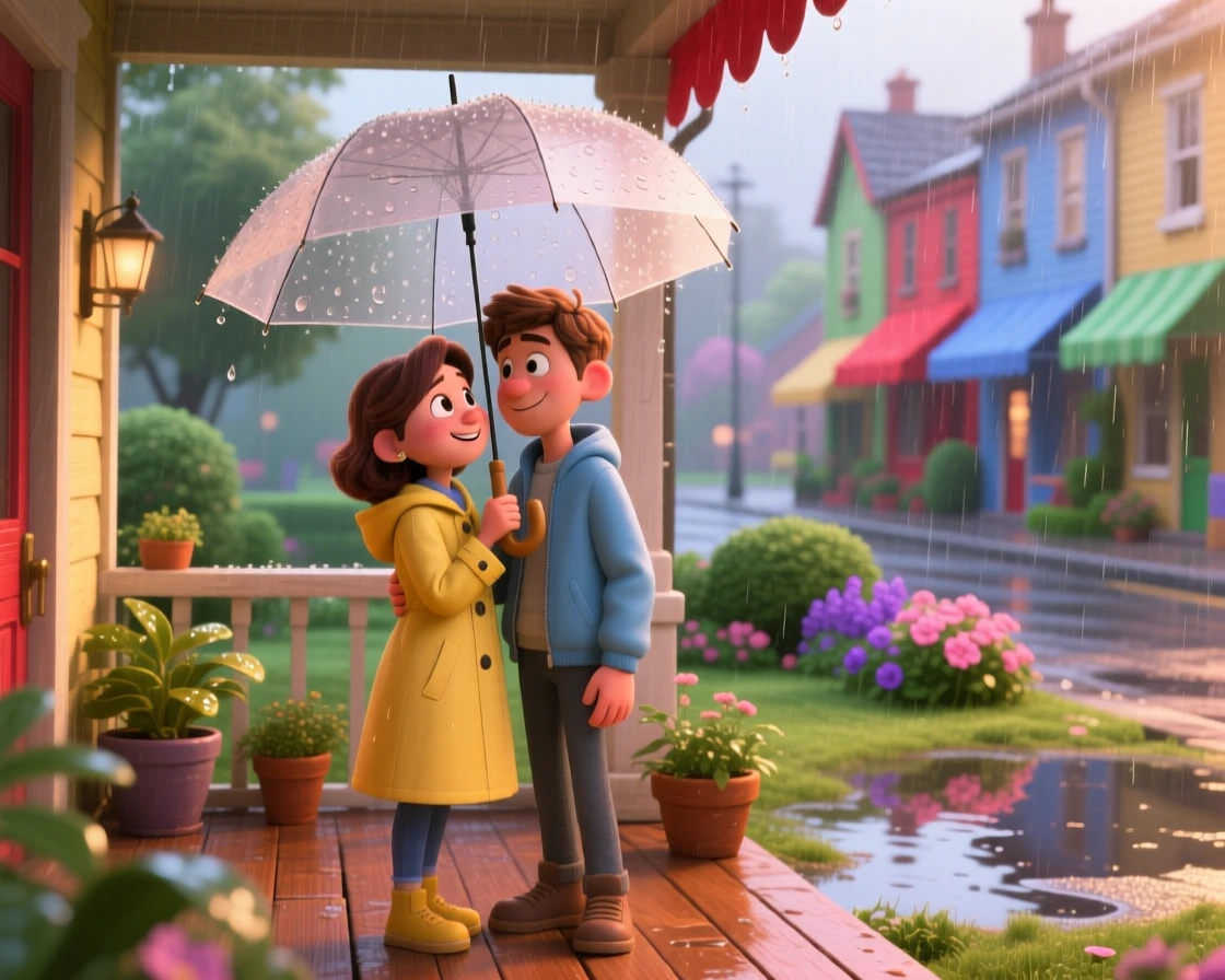A young couple sharing an umbrella in light rain is captured on a porch overlooking a quiet garden, with colorful awnings lining the street. A gentle, charming warmth fills this everyday moment.