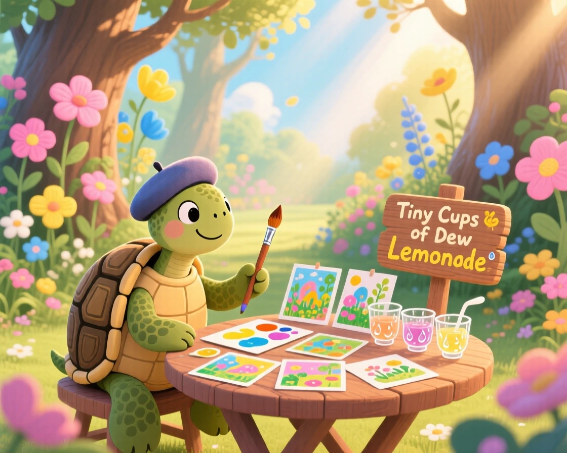 A turtle who paints postcards delights in selling tiny cups of dew as lemonade, tucked within a garden where flowers grow taller than trees, with everything wrapped in a cozy, storybook charm.