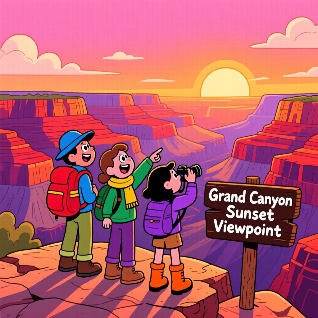 Hikers admiring the vast layered cliffs of the Grand Canyon at sunset.