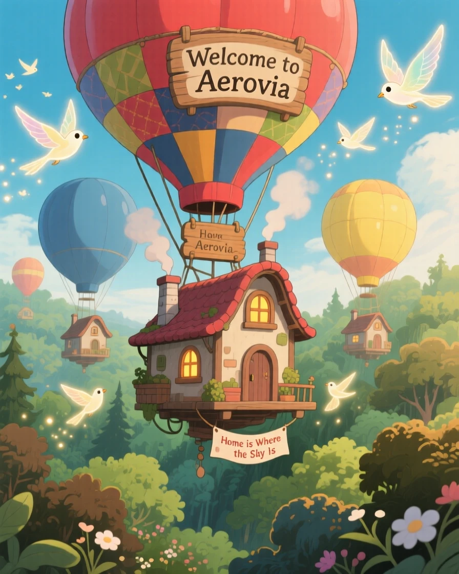 A balloon village drifting gently above a forest canopy, where a flock of luminous birds trailing light behind them can be seen nearby, the atmosphere dreamlike and inviting.