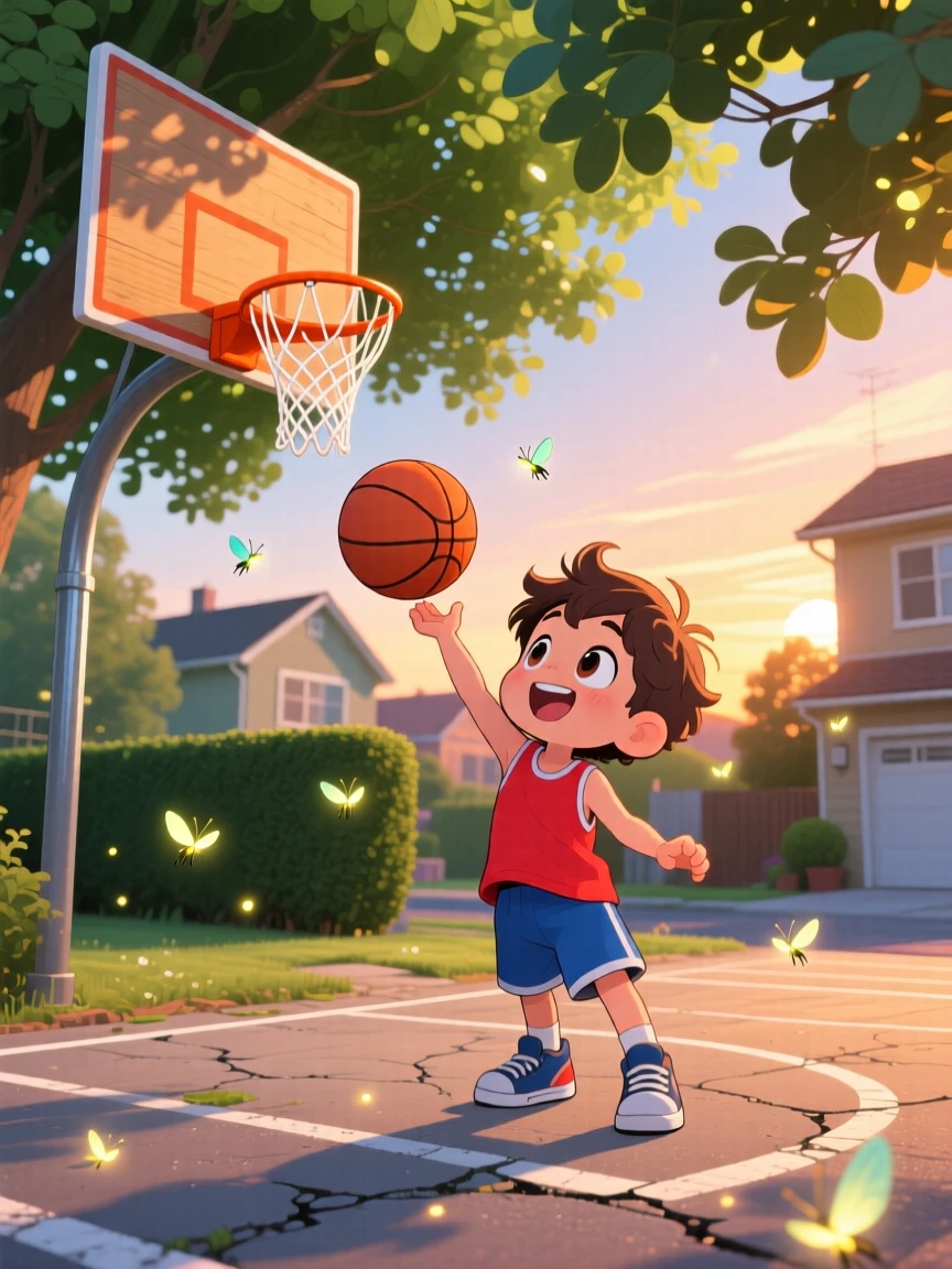 A small boy shooting a basketball toward a hoop in a sunny driveway court as fireflies begin to glow at dusk; dappled sunlight through a canopy washes over the scene as eager anticipation fills the moment. Worm's-eye view.