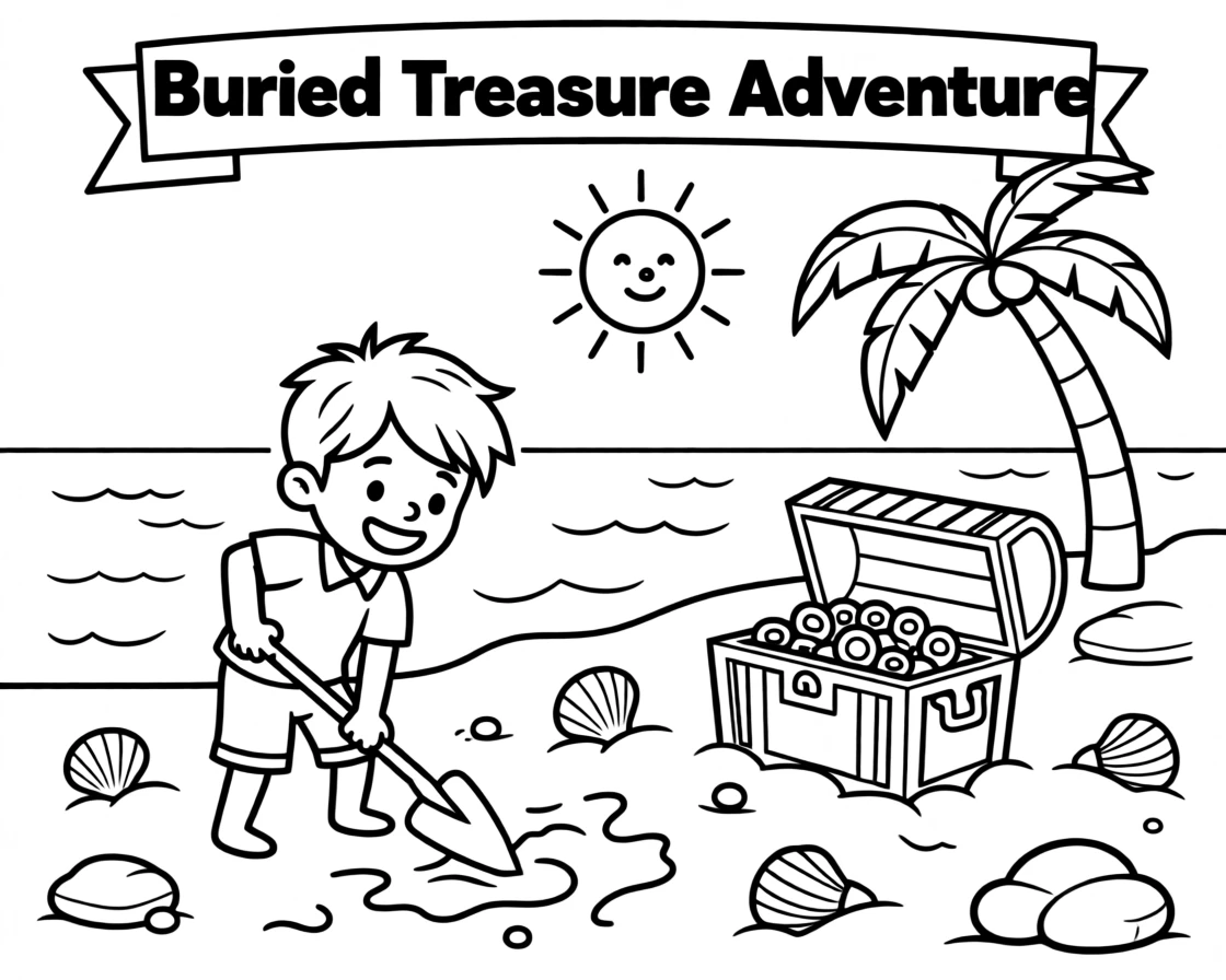 An adventurer digging for buried treasure on a sandy beach