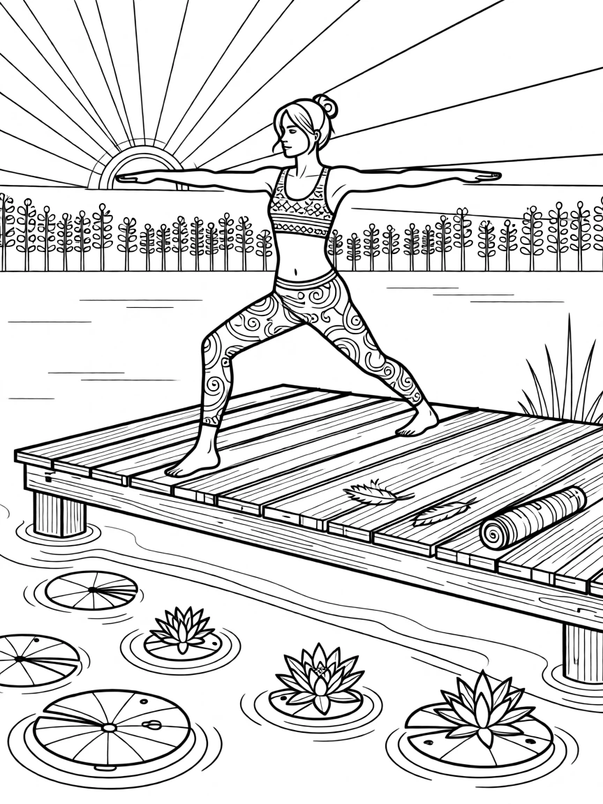 A woman doing sunrise yoga on a wooden dock over still water.