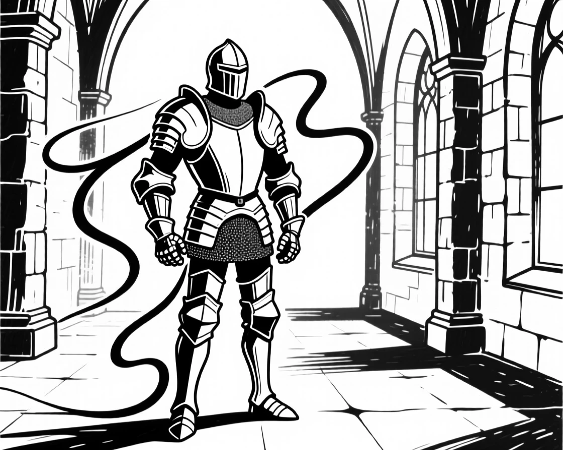 A knight's armor stands empty in a castle hall, enchanted to move on its own.