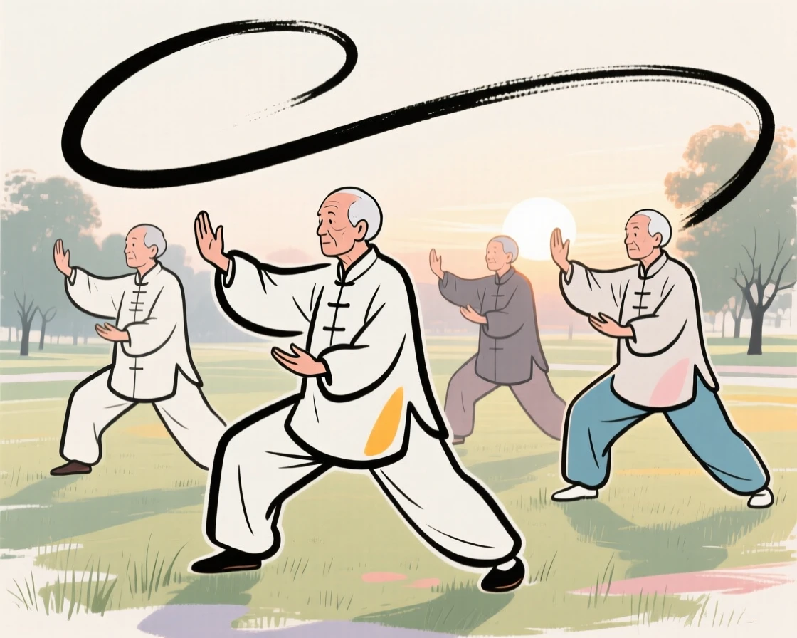 A group of elders practicing tai chi together in a quiet park at dawn.