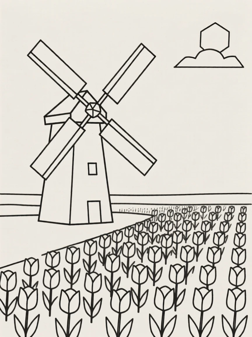 A traditional Dutch windmill beside a tulip field