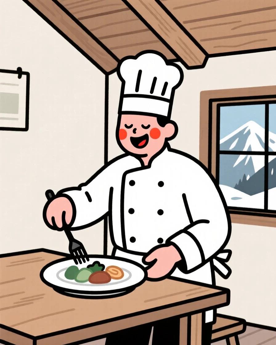 A chef plating a dish, laughing with eyes closed, in a mountain cabin.