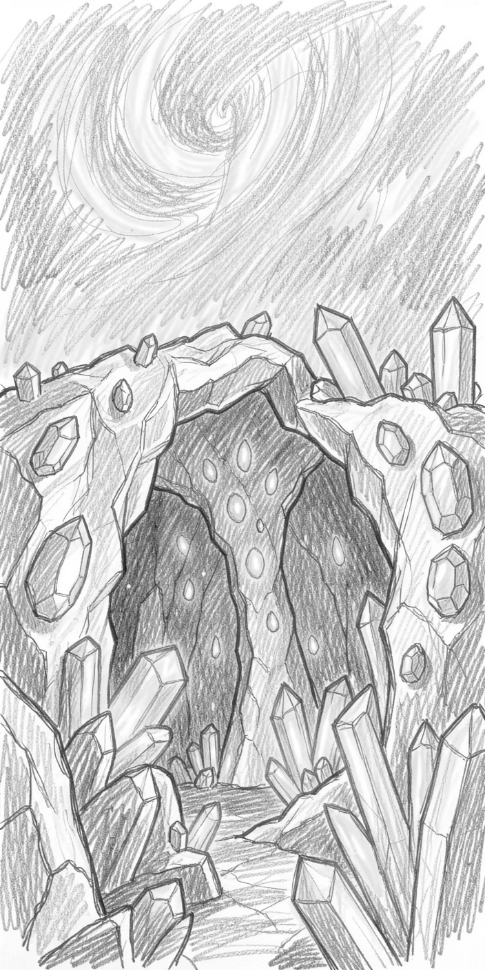 A crystal cave filled with glowing gemstones, beneath a sky swirling with auroras, with the horizon ablaze in impossible colors.