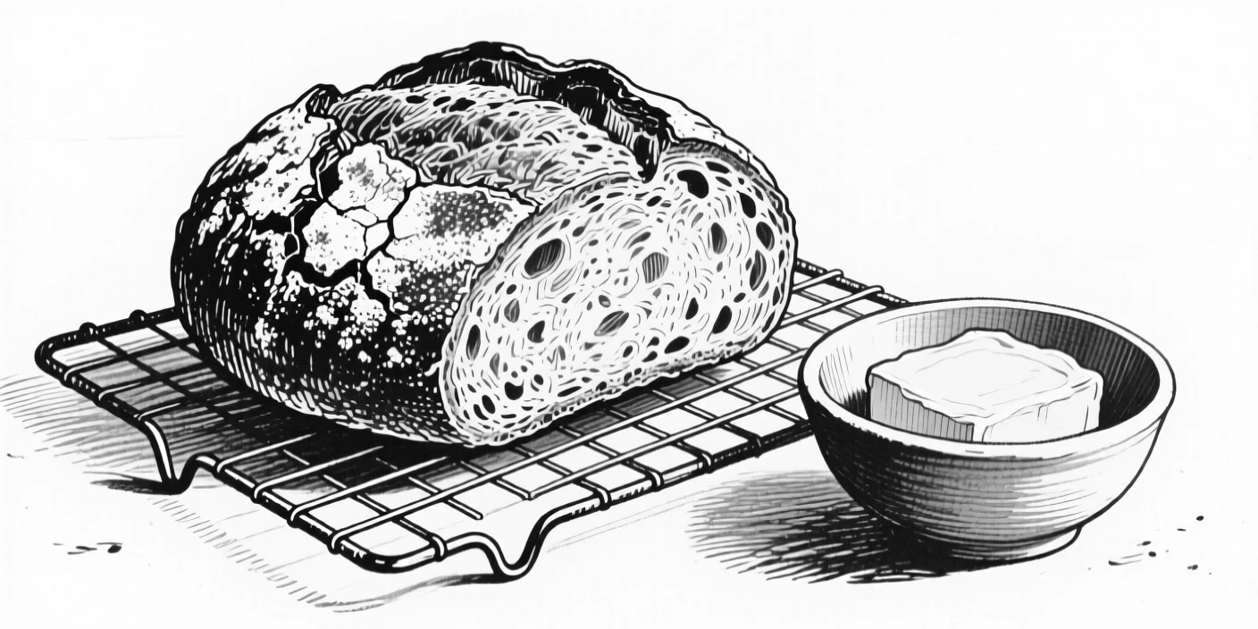 A rustic loaf of sourdough bread cooling on a wire rack beside a bowl of butter.