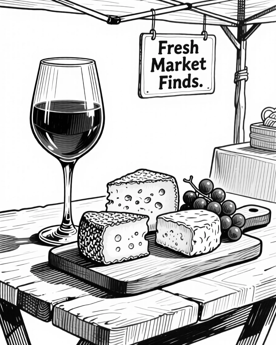 A glass of red wine beside a cheese board displayed at an outdoor market stall, with sunlight catching the glossy surface, presented in a fresh and vibrant culinary still life.
