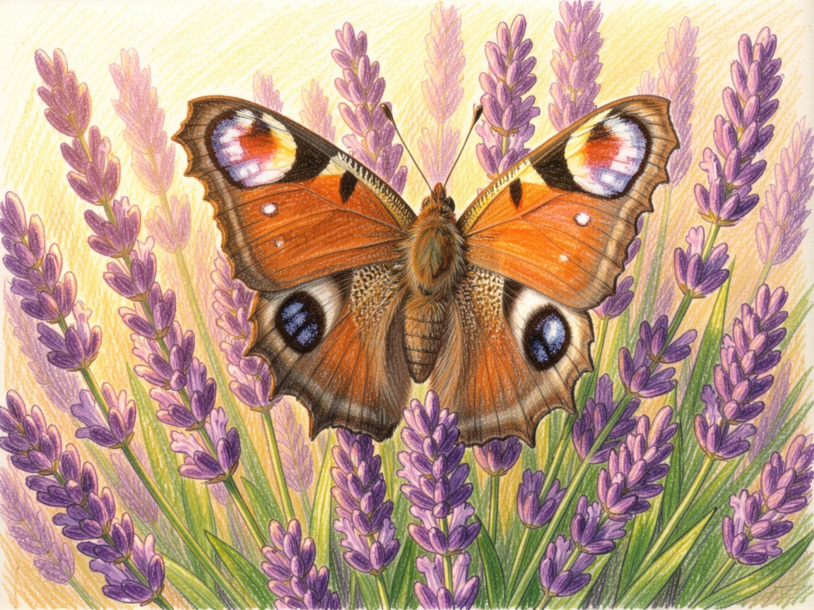 A peacock butterfly resting on a cluster of purple lavender, bathed in the warm glow of golden-hour light, evoking warmth, beauty, and a lasting sense of wonder.