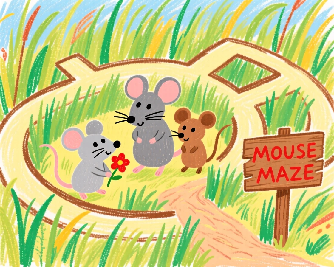 A family of mice exploring a garden maze of tall grass.