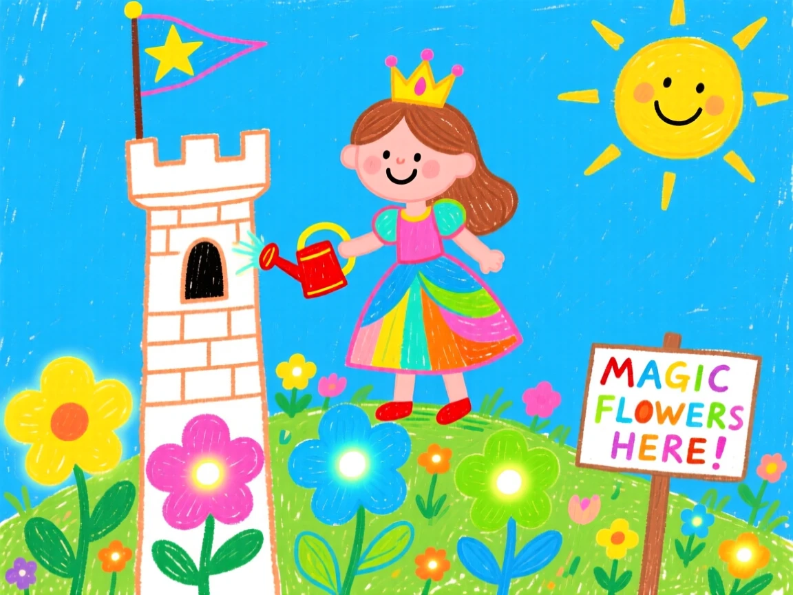 A princess tending a garden of glowing flowers atop a castle tower.