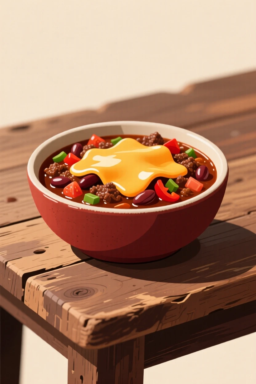 A bowl of hearty chili topped with melted cheese, arranged on a rustic farmhouse table, composed with a rustic, homemade charm, with glossy highlights that make the dish look freshly made.