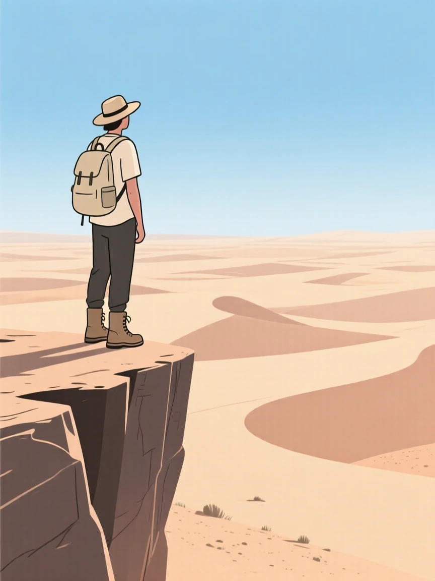 A traveler standing at the edge of a cliff overlooking a sprawling desert.