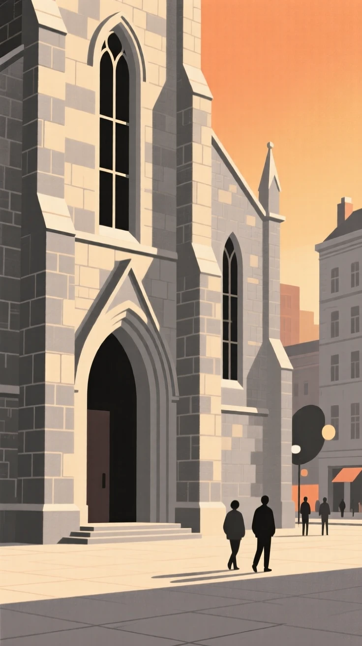 A quiet corner of a stone cathedral within a bustling downtown plaza, featuring warm evening light, full of architectural harmony.