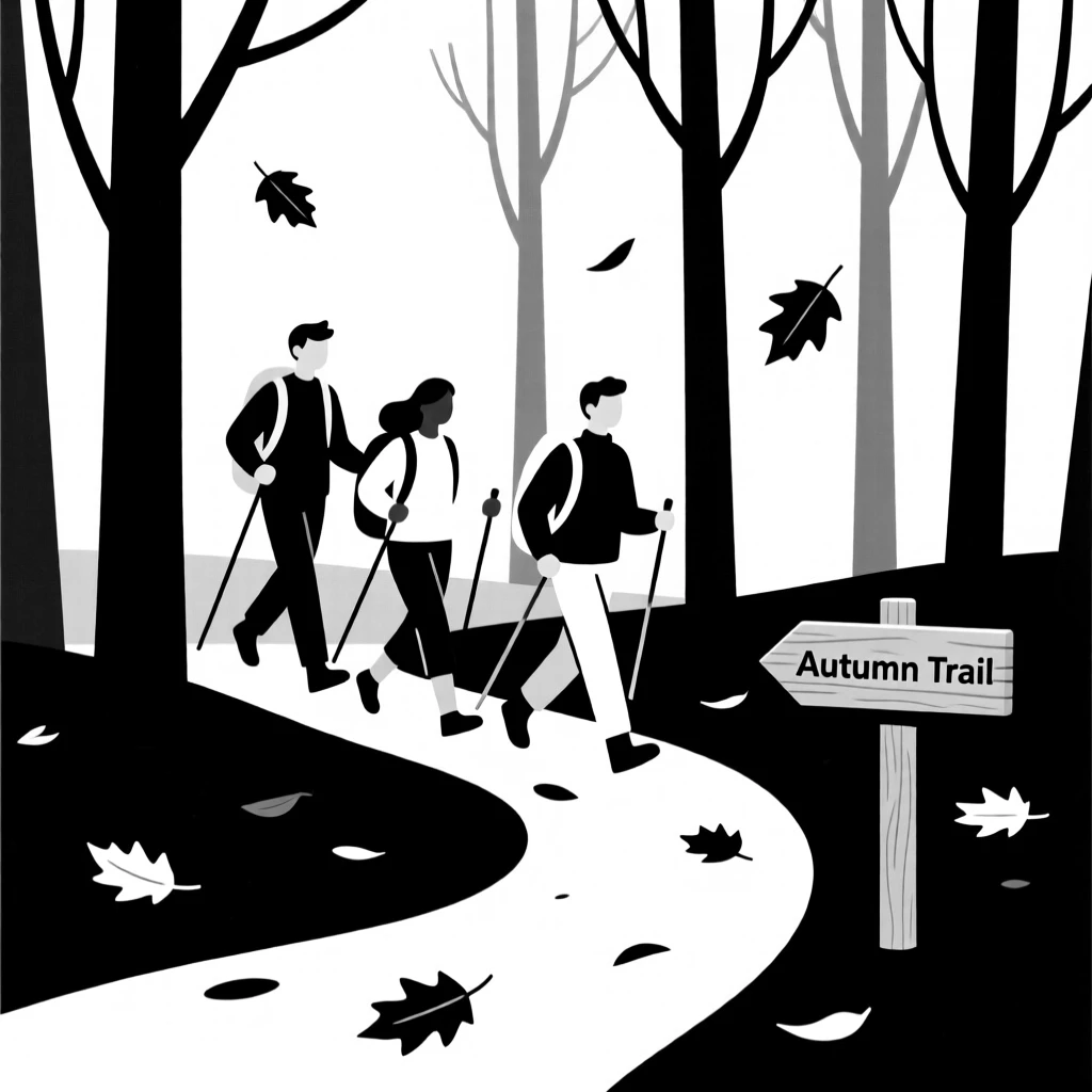 A group of friends hiking through an autumn forest.