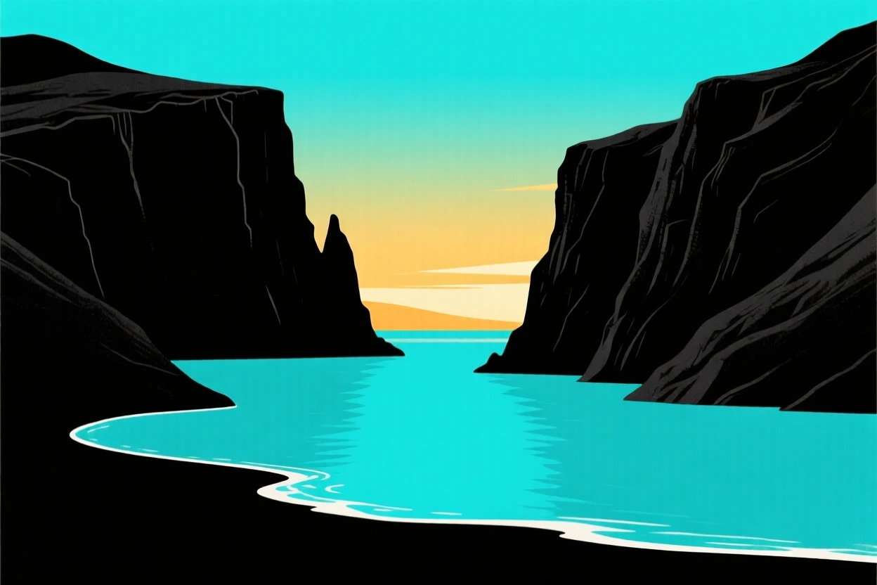 A quiet cove with turquoise water framed by dark volcanic cliffs.